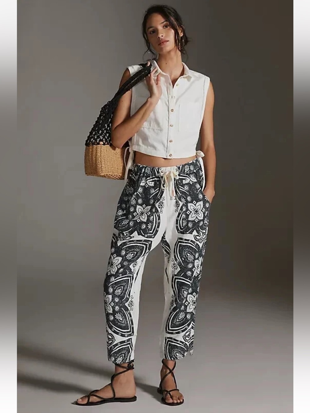 Pilcro Anthropologie Linen Blend Floral Pull On Pants Black Ivory Large